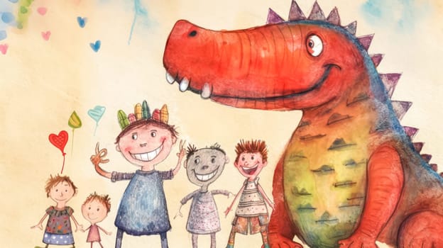 A delightful childrens pencil drawing depicts playful dinosaurs and kids having a blast together, igniting imagination and wonder in a whimsical storybook scene.