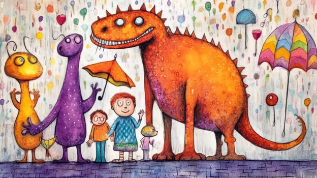 An enchanting illustration featuring a friendly dinosaur alongside cheerful children, perfect for capturing young imaginations in a delightful childrens book.