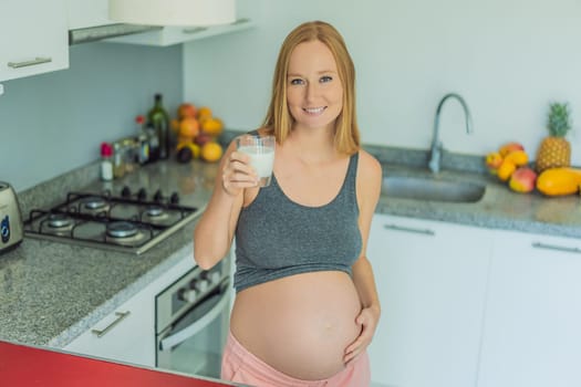 Weighing the pros and cons of milk during pregnancy, a thoughtful pregnant woman stands in the kitchen with a glass, contemplating the decision to include or avoid milk for her and her baby's well-being.