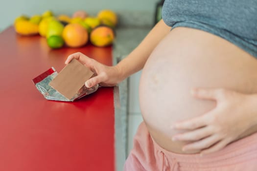 Contemplating the sweet dilemma, a pregnant woman ponders the decision to indulge in chocolate during pregnancy, weighing the delightful treat's potential impact on her maternal journey.