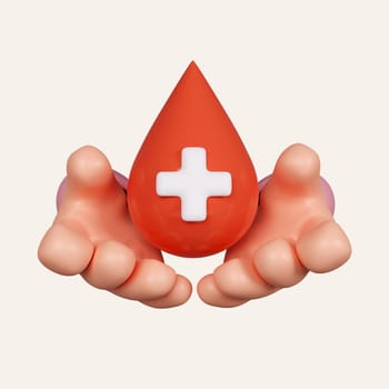 3d Hand holding blood icon. Blood donation, medical health care, volunteer concept. icon isolated on white background. 3d rendering illustration. Clipping path..