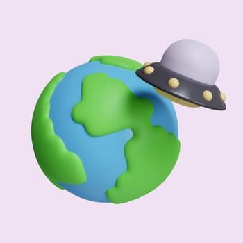 3d UFO above the Earth planet. icon isolated on purple background. 3d rendering illustration. Clipping path..