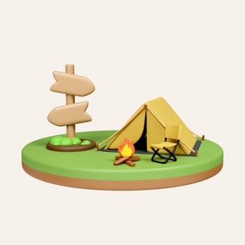 3d Campsite in nature and elements for camping, summer camp, traveling, trip, hiking. icon isolated on white background. 3d rendering illustration. Clipping path..