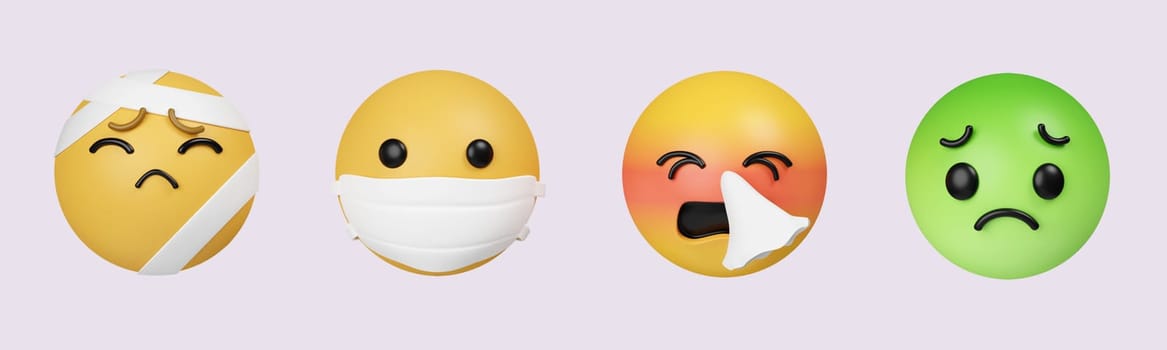 Emoji sick set. Emojis tired, ill, silent and irritated icon collection. icon isolated on gray background. 3d rendering illustration. Clipping path..