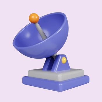 3d satellite dish. concept for signal moving communication and live broadcasting. icon isolated on purple background. 3d rendering illustration. Clipping path..