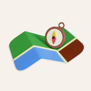 compass and Folded map and location pin isolated. minimal Navigation icon.icon isolated on white background. 3d rendering illustration. Clipping path..