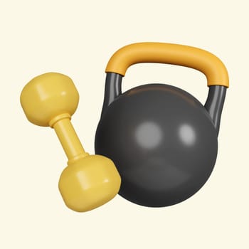 3d kettlebell and dumbbell. Fitness and health. Exercise equipment. icon isolated on yellow background. 3d rendering illustration. Clipping path..