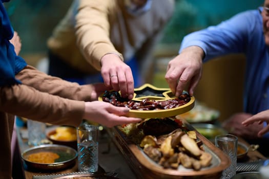 In this modern portrayal, a European Islamic family partakes in the tradition of breaking their Ramadan fast with dates, symbolizing unity, cultural heritage, and spiritual observance during the holy month of Ramadan.