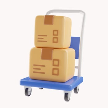 3D Shopping cart and cardboard box. Fast delivery concept from online store. Shipping logistics package delivery. Cargo box. Cartoon creative design icon isolated on white background. 3D Rendering.