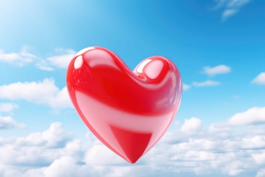 A red heart balloon floats in the blue sky in clouds. .Generative Ai.