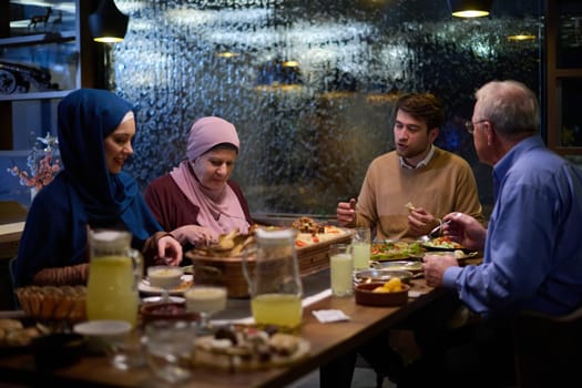 A modern and traditional European Islamic family comes together for iftar in a contemporary restaurant during the Ramadan fasting period, embodying cultural harmony and familial unity amidst a culinary celebration of diversity.