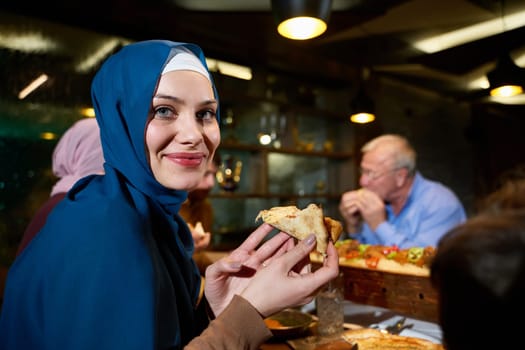 A modern and traditional European Islamic family comes together for iftar in a contemporary restaurant during the Ramadan fasting period, embodying cultural harmony and familial unity amidst a culinary celebration of diversity.