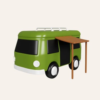 3d Green Camper Van. Concept Summer Adventure and Tourism. icon isolated on white background. 3d rendering illustration. Clipping path..