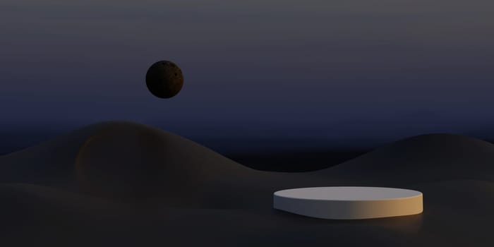 3d podium against the night sky. Abstraction of the night pedestal. A platform for product presentation. 3D Render.