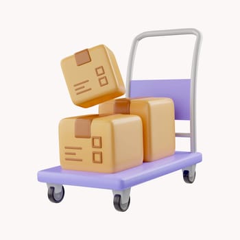 3D Shopping cart and cardboard box. Fast delivery concept from online store. Shipping logistics package delivery. Cargo box. Cartoon creative design icon isolated on white background. 3D Rendering.