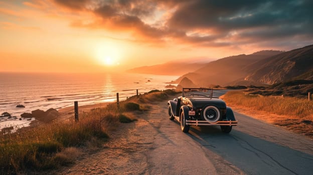 A vintage car parked on a winding coastal road overlooking the ocean, with a stunning sunset in the background creating a nostalgic scene. Resplendent.