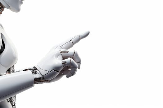 AI Android Robot Pointing Hand At Front Isolated on Transparent Background.