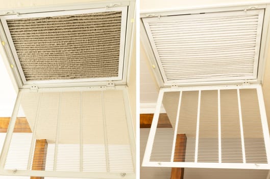 Before And After. Clean And Dirty Stainless Steel Pleated Ac Furnace Filters With Carbon. Air Filter Allergen Reduction Dust. Intake Vent, Home Air Conditioner. Horizontal Plane. HVAC System.