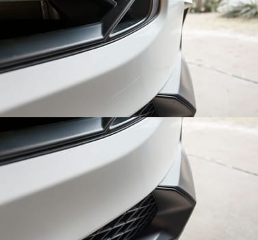 Closeup Scratch on Bumper Of White Car. Before and After Painting. Polishing The Clear Coat With A Rubbing Compound, Waxing. Car Repair. Blue Horizontal Plane High quality photo