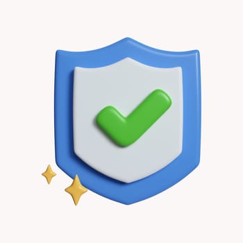 3d protection shield icon, checkmark on shield symbol, safety concept. icon isolated on white background. 3d rendering illustration. Clipping path..