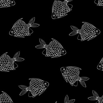 Hand Drawn Black and White Fish Background. Seamless Pattern with Fishes. Sea Animal Digital Papers.