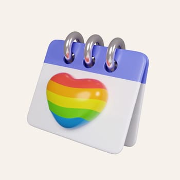 3d LGBTQ Pride Month. Tear-off calendar with 3d rainbow heart for design of LGBTQ events. 3d symbol of Pride day. icon isolated on white background. 3d rendering illustration. Clipping path..