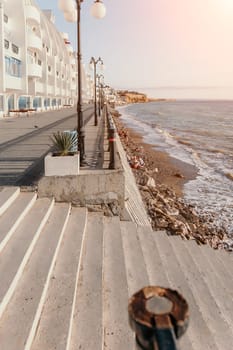 coastal area with apartment buildings of residential areas, modern hotel and restaurant complex on water and sandy beaches