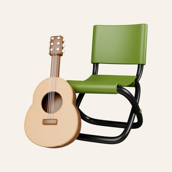 3d camping chair with guitar . elements for camping, hiking , summer camp, traveling, trip. icon isolated on white background. 3d rendering illustration. Clipping path..
