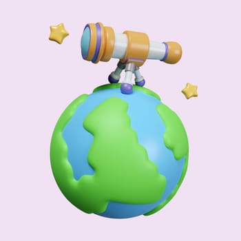 3d telescope with earth. icon isolated on purple background. 3d rendering illustration. Clipping path..