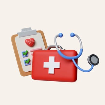 3d First aid kit and Medical survey icon. Hospital patient history sign. Classic flat style. Gradient patient history. icon isolated on white background. 3d rendering illustration. Clipping path..