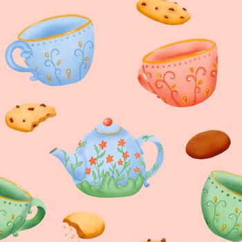 Seamless pattern of cookies, teapot and cup with ornament, Isolated hand drawn digital watercolor illustration isolated on white. English tea, health drink, coffee. pink background.