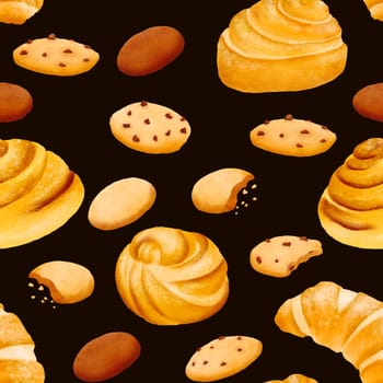 Seamless pattern of fresh delicious crispy sweet cookies and fresh fragrant buns. The pastry with pieces of chocolate and crumbs. yummy. Isolated hand drawn digital watercolor black background.