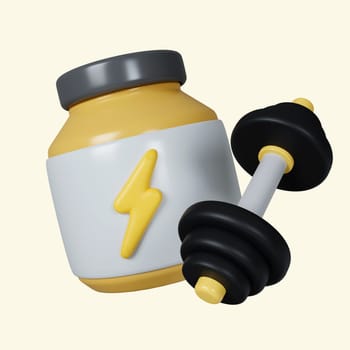 3d Sport nutrition. Fitness supplement. Fitness and health. Exercise equipment. icon isolated on yellow background. 3d rendering illustration. Clipping path..