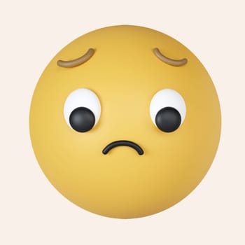 3d Frowning Face. Sad yellow emoji with steep frown. Concern, disappointment and sadness. icon isolated on gray background. 3d rendering illustration. Clipping path..