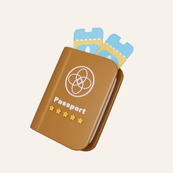 3D An Air plane ticket and Brown passport. icon isolated on white background. 3d rendering illustration. Clipping path..