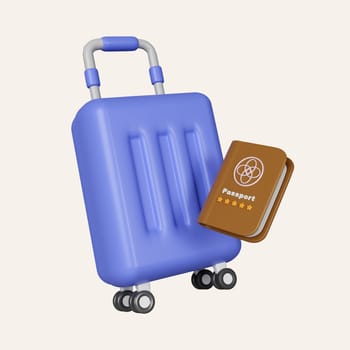 3D Blue Suitcase and Brown passport icon. Identification Document. icon isolated on white background. 3d rendering illustration. Clipping path..
