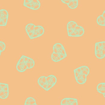 Hand Drawn Seamless Patterns with Hearts in Doodle Style. Romantic Love Digital Paper for Valentines Day. Colorful Hearts on Pastel Orange Background.