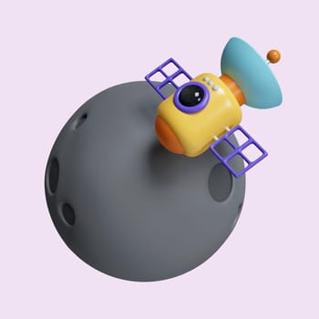 3d satellite dish in moon. concept for signal moving communication and live broadcasting. icon isolated on purple background. 3d rendering illustration. Clipping path..