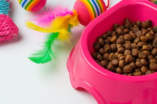 Bowl with dry pet food isolated on white background close up