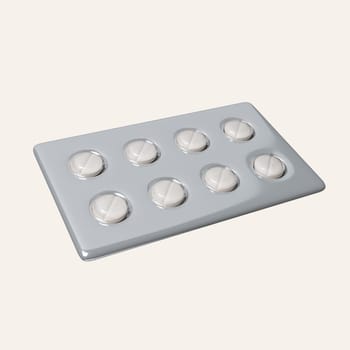 3d White circle pills in pack. icon isolated on white background. 3d rendering illustration. Clipping path..