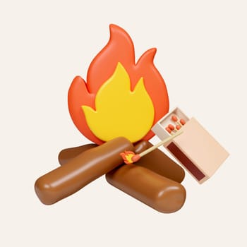 3d Bonfire. Camping and hiking equipment. Summer camp and holiday vacation. icon isolated on white background. 3d rendering illustration. Clipping path..