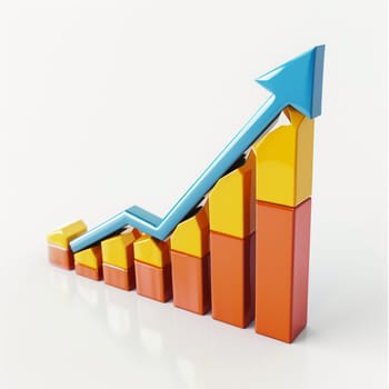 Graph with market uptrend line go up with bar chart in colorful icon design on white background.