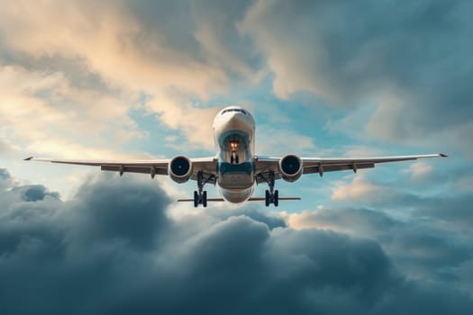 Airplane front view on sky background flying.