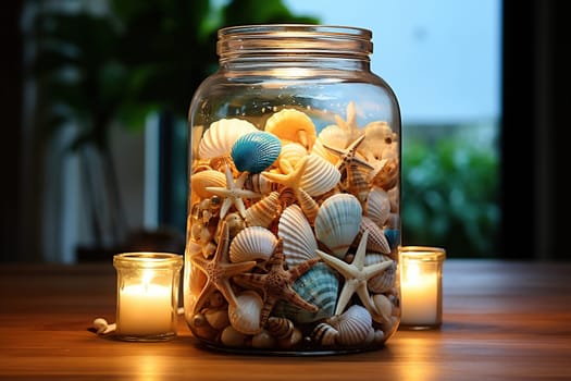 Glass jar with seashells and candles on a wooden tabletop. Tropical resort vacation concept.