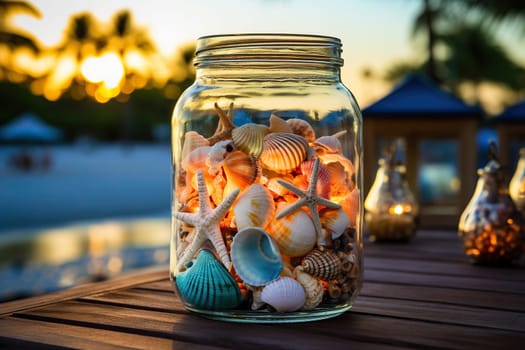 Glass jar with seashells on a wooden tabletop. Tropical resort vacation concept.