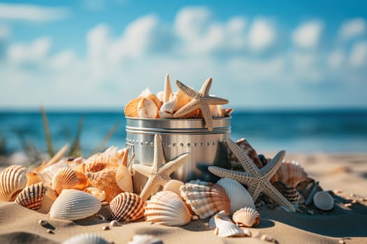 Seashells and starfish on the beach in a tin in the sand on the beach.