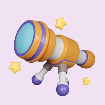 3d telescope. icon isolated on purple background. 3d rendering illustration. Clipping path..