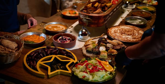 In this captivating aerial view, delicious food adorned with Ramadan decorations, including dates and meat, awaits the arrival of an European Islamic family, promising a festive and flavorful iftar celebration.