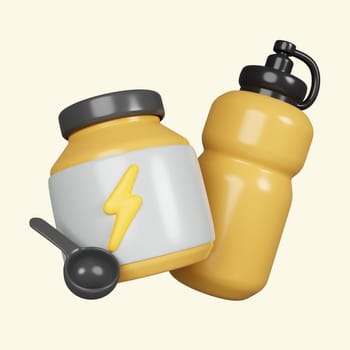 3d Sport nutrition. Fitness supplement. Fitness and health. Exercise equipment. icon isolated on yellow background. 3d rendering illustration. Clipping path..