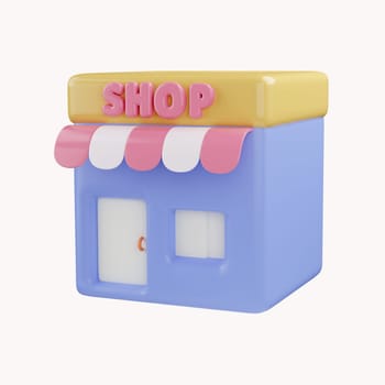 3D Store building. Shop rental or sale. Online shopping concept. Business and commerce. Realtor for buyers. Creative minimal design isolated on white background..